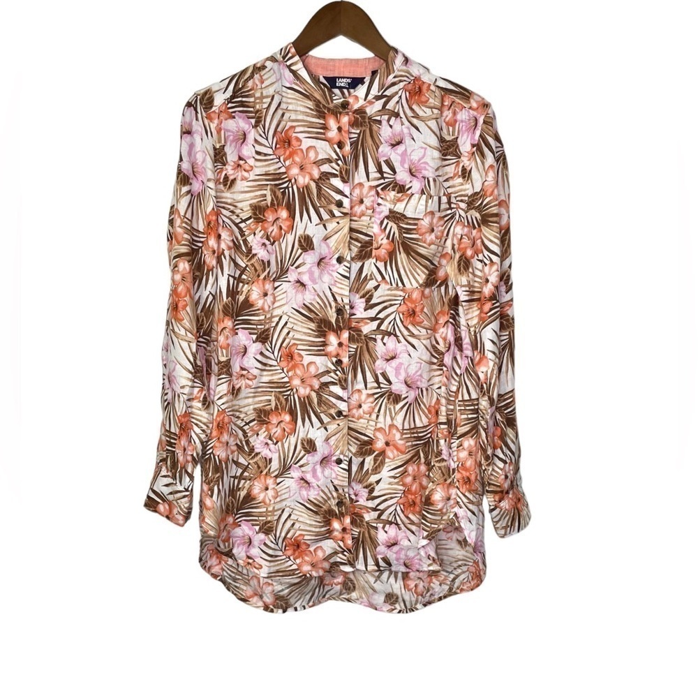 New Land's End Linen A-Line Palm and Floral Print Tunic Top Shirt New NWOT - Picture 2 of 14